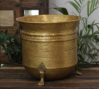 Handcrafted Hammered Brass Planter with Lion Ring Handles 13"