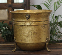 Handcrafted Hammered Brass Planter with Lion Ring Handles 13"