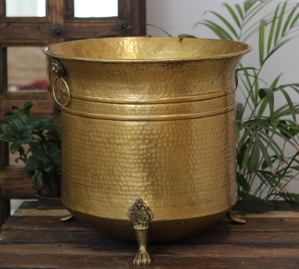 Handcrafted Hammered Brass Planter with Lion Ring Handles 16"