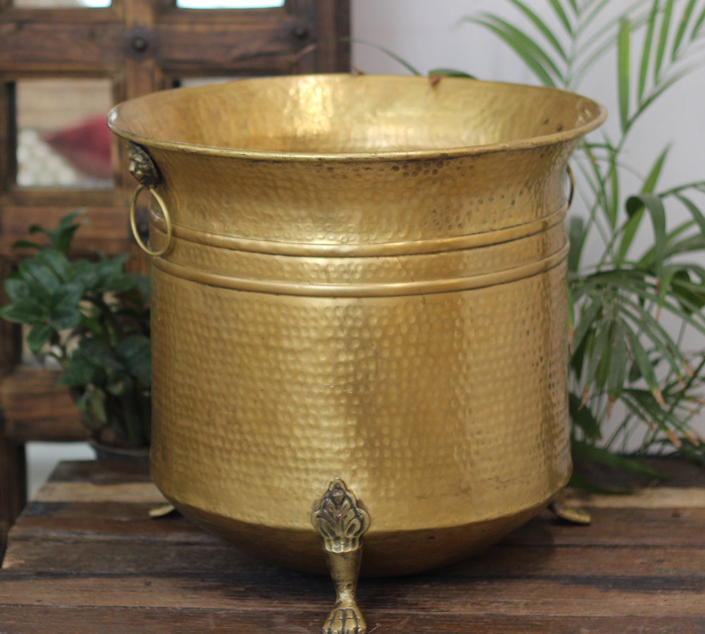 Handcrafted Hammered Brass Planter with Lion Ring Handles 16"