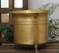 Handcrafted Hammered Brass Planter with Lion Ring Handles 16"