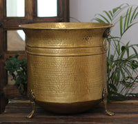 Handcrafted Hammered Brass Planter with Lion Ring Handles 16"