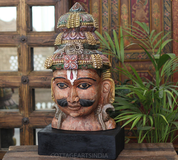 Handcrafted Wooden Lord Shiva Head Sculpture – Vintage Antique Finish