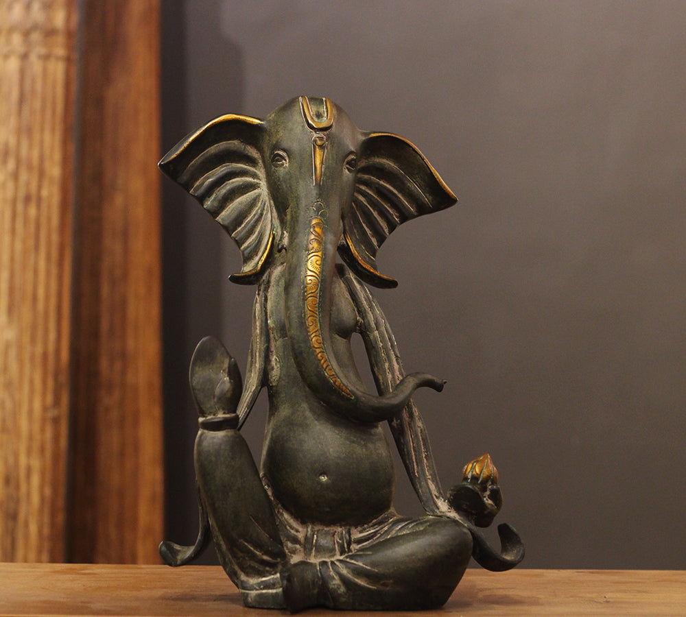 Brass Ganesha Idol in Stone Finish | Antique Patina Lord Ganesh Sculpture