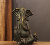 Brass Ganesha Idol in Stone Finish | Antique Patina Lord Ganesh Sculpture