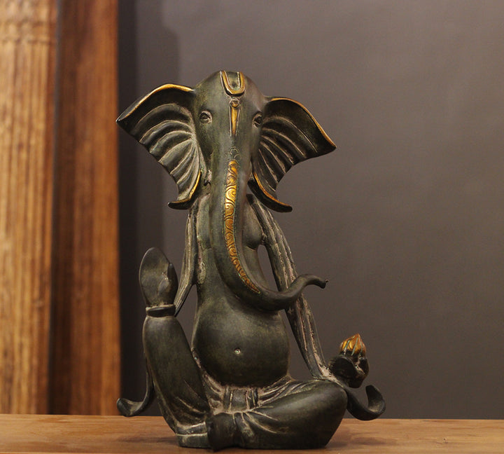 Brass Ganesha Idol in Stone Finish | Antique Patina Lord Ganesh Sculpture