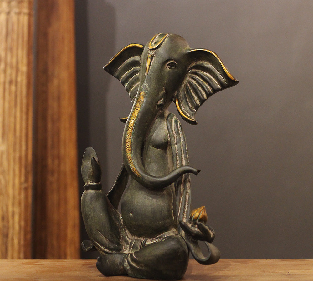 Brass Ganesha Idol in Stone Finish | Antique Patina Lord Ganesh Sculpture