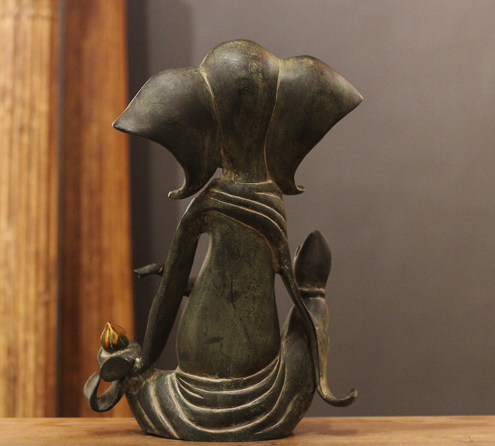 Brass Ganesha Idol in Stone Finish | Antique Patina Lord Ganesh Sculpture