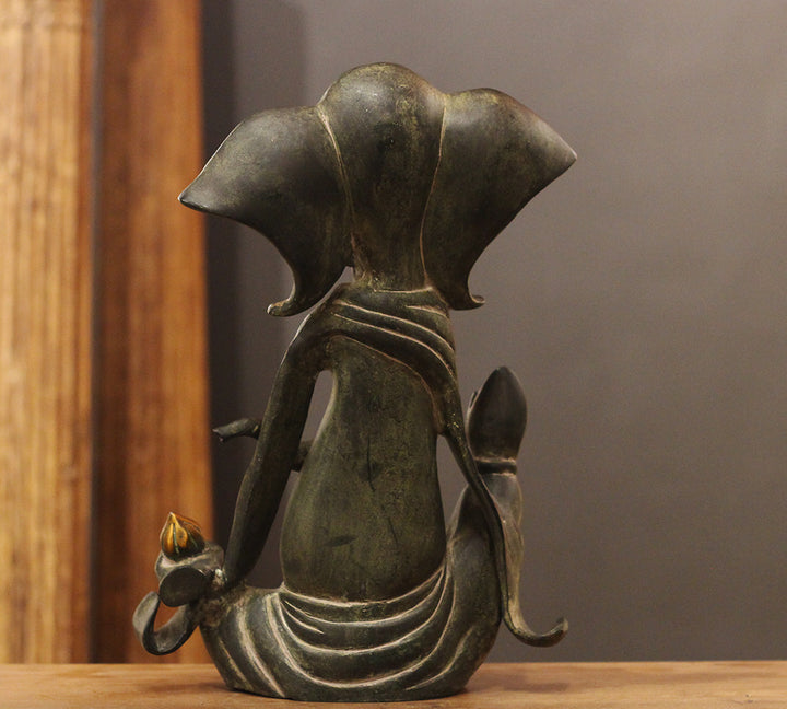 Brass Ganesha Idol in Stone Finish | Antique Patina Lord Ganesh Sculpture