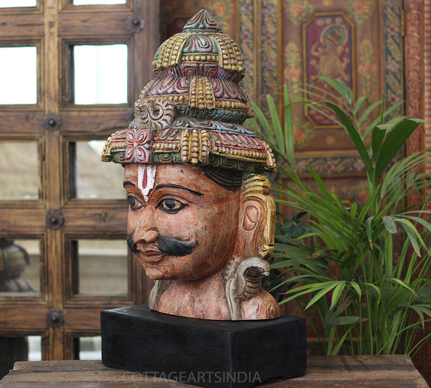 Handcrafted Wooden Lord Shiva Head Sculpture – Vintage Antique Finish