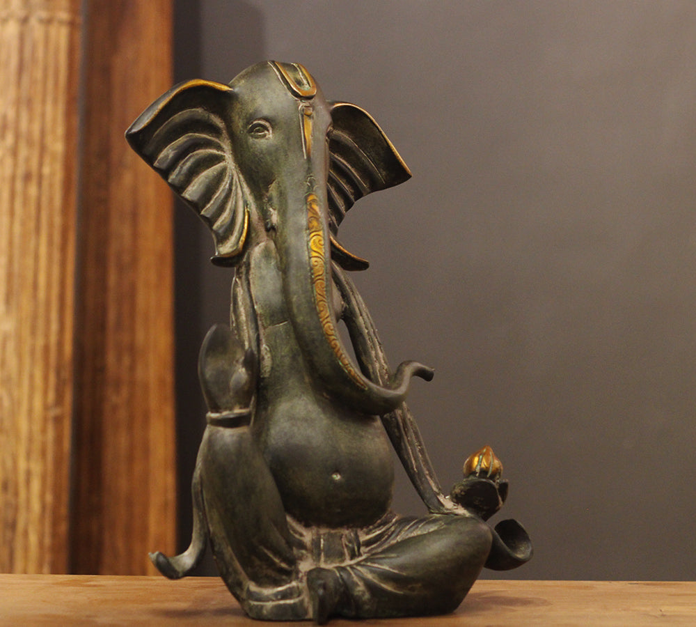Brass Ganesha Idol in Stone Finish | Antique Patina Lord Ganesh Sculpture