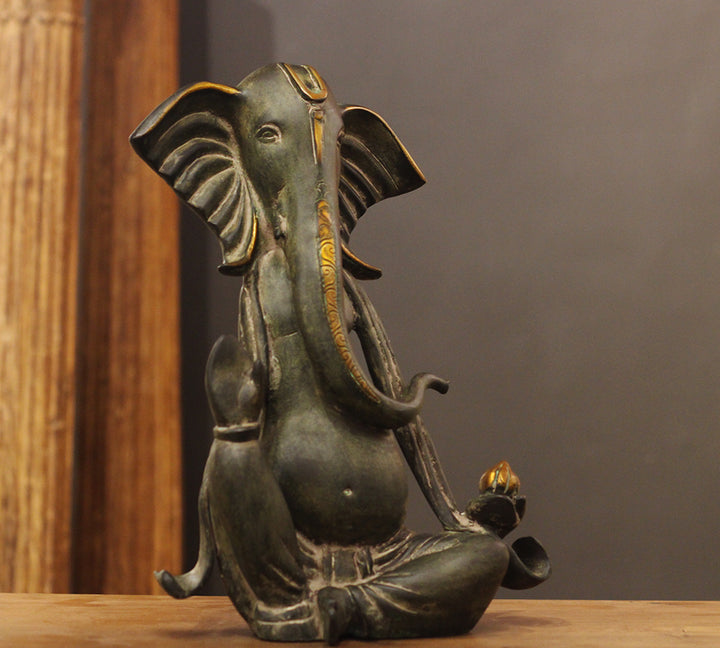 Brass Ganesha Idol in Stone Finish | Antique Patina Lord Ganesh Sculpture