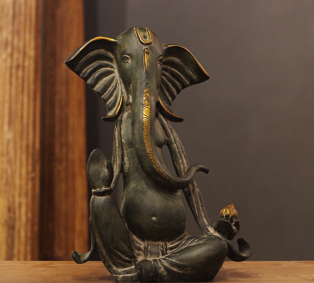 Brass Ganesha Idol in Stone Finish | Antique Patina Lord Ganesh Sculpture
