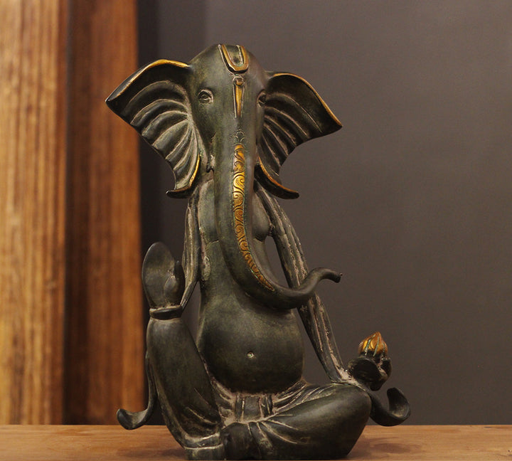 Brass Ganesha Idol in Stone Finish | Antique Patina Lord Ganesh Sculpture