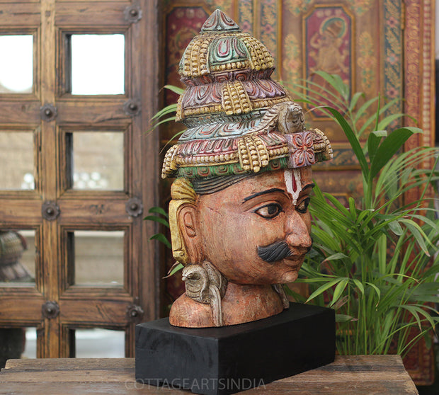 Handcrafted Wooden Lord Shiva Head Sculpture – Vintage Antique Finish