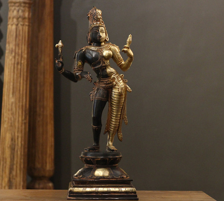 Brass Ardhanarishvara Statue | Half Shiva Half Parvati Idol with Antique Black & Gold Finish