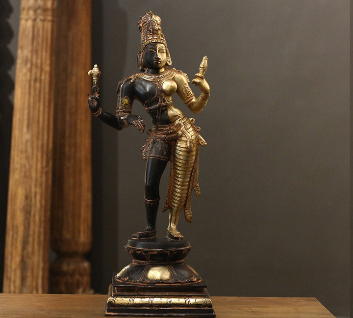 Brass Ardhanarishvara Statue | Half Shiva Half Parvati Idol with Antique Black & Gold Finish