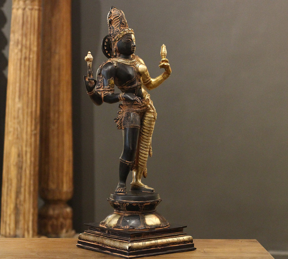 Brass Ardhanarishvara Statue | Half Shiva Half Parvati Idol with Antique Black & Gold Finish