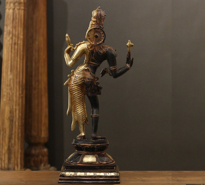 Brass Ardhanarishvara Statue | Half Shiva Half Parvati Idol with Antique Black & Gold Finish