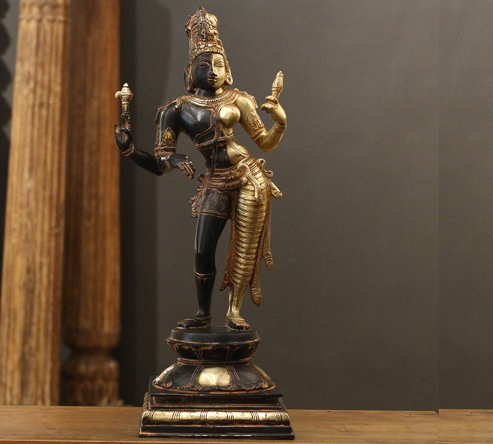 Brass Ardhanarishvara Statue | Half Shiva Half Parvati Idol with Antique Black & Gold Finish