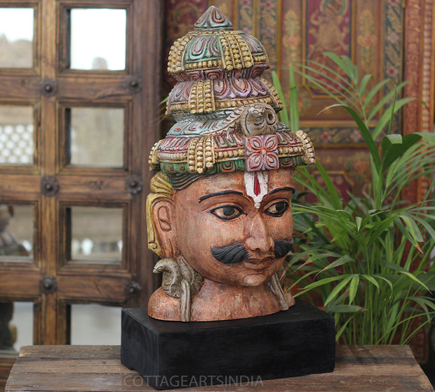 Handcrafted Wooden Lord Shiva Head Sculpture – Vintage Antique Finish