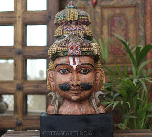 Handcrafted Wooden Lord Shiva Head Sculpture – Vintage Antique Finish