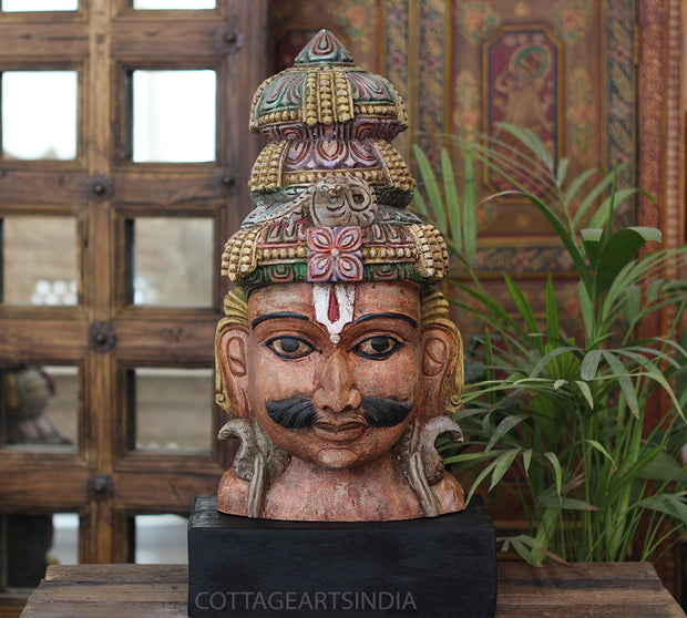 Handcrafted Wooden Lord Shiva Head Sculpture – Vintage Antique Finish
