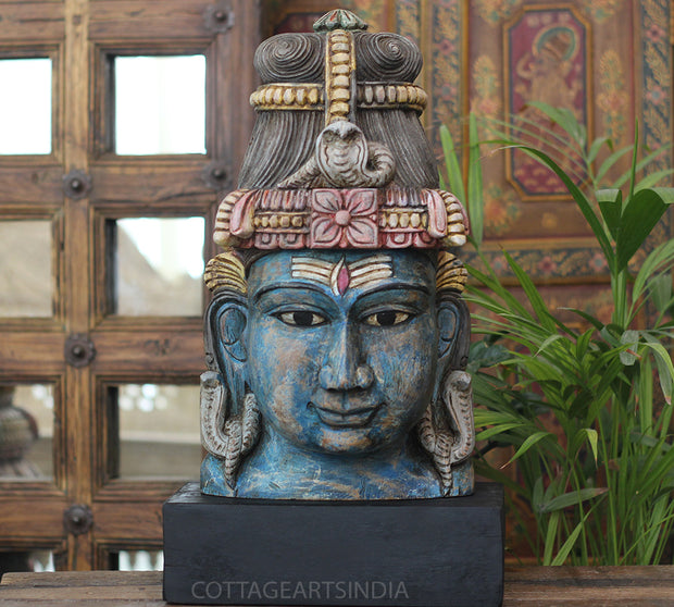 Handcrafted Wooden Lord Shiva Head Sculpture – Vintage Antique Blue Finish