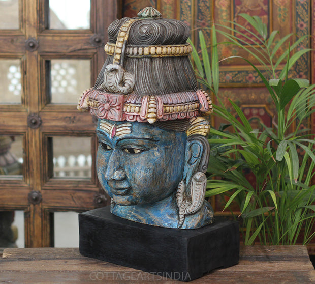 Handcrafted Wooden Lord Shiva Head Sculpture – Vintage Antique Blue Finish