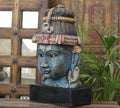 Handcrafted Wooden Lord Shiva Head Sculpture – Vintage Antique Blue Finish