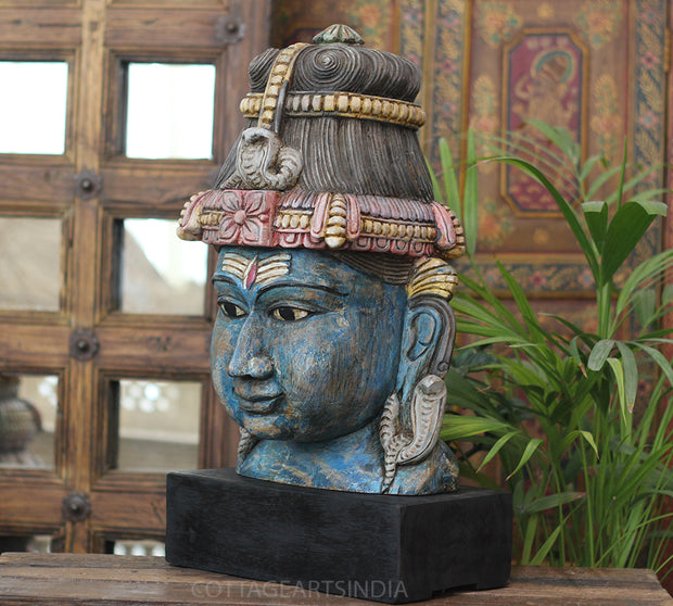 Handcrafted Wooden Lord Shiva Head Sculpture – Vintage Antique Blue Finish