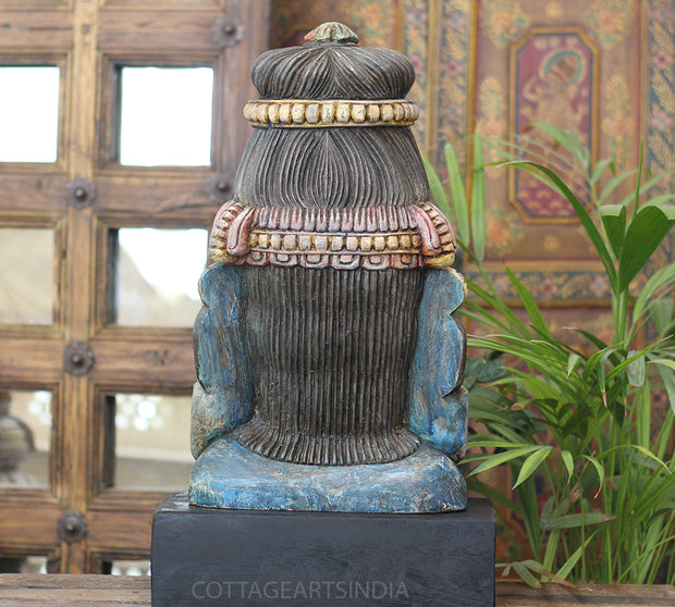 Handcrafted Wooden Lord Shiva Head Sculpture – Vintage Antique Blue Finish