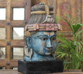 Handcrafted Wooden Lord Shiva Head Sculpture – Vintage Antique Blue Finish