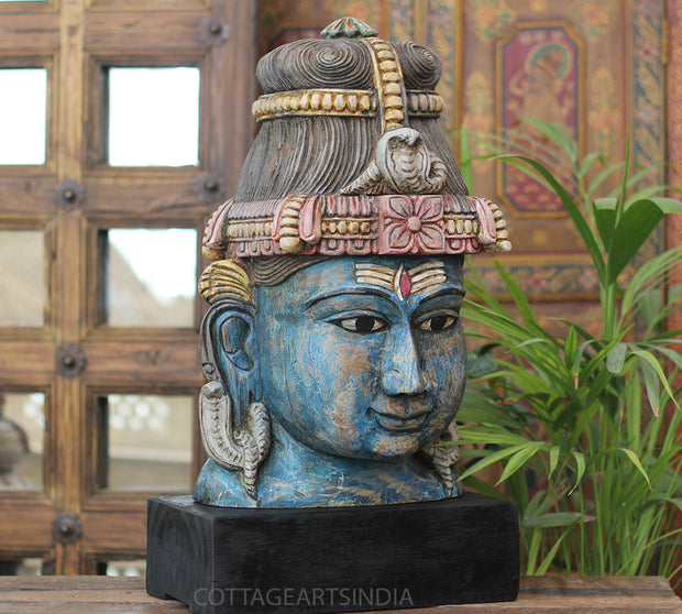 Handcrafted Wooden Lord Shiva Head Sculpture – Vintage Antique Blue Finish
