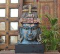 Handcrafted Wooden Lord Shiva Head Sculpture – Vintage Antique Blue Finish