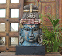Handcrafted Wooden Lord Shiva Head Sculpture – Vintage Antique Blue Finish
