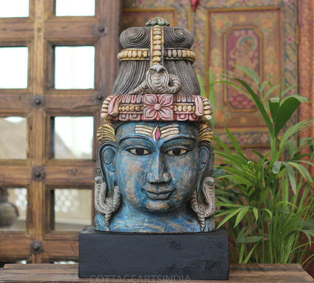 Handcrafted Wooden Lord Shiva Head Sculpture – Vintage Antique Blue Finish