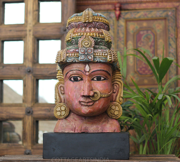 Handcrafted Wooden Goddess Lakshmi Head Sculpture – Vintage Antique Finish