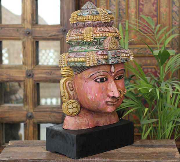 Handcrafted Wooden Goddess Lakshmi Head Sculpture – Vintage Antique Finish