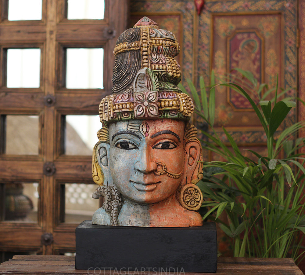 Handcrafted Wooden Ardhanarishvara Head Sculpture – Vintage Antique Finish