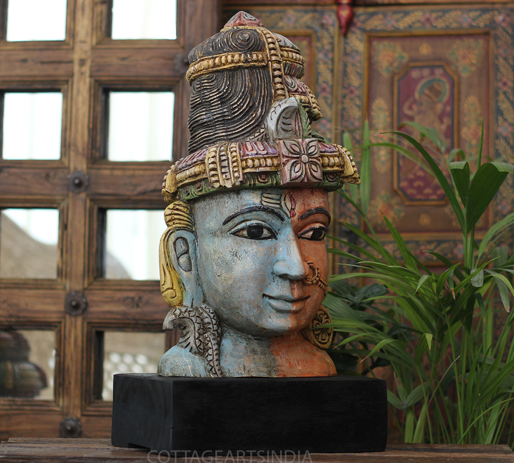 Handcrafted Wooden Ardhanarishvara Head Sculpture – Vintage Antique Finish