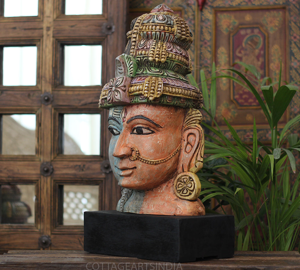 Handcrafted Wooden Ardhanarishvara Head Sculpture – Vintage Antique Finish