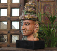 Handcrafted Wooden Ardhanarishvara Head Sculpture – Vintage Antique Finish