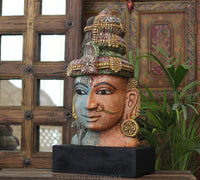 Handcrafted Wooden Ardhanarishvara Head Sculpture – Vintage Antique Finish