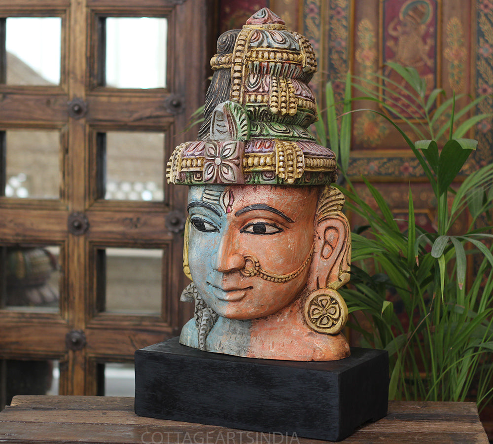 Handcrafted Wooden Ardhanarishvara Head Sculpture – Vintage Antique Finish