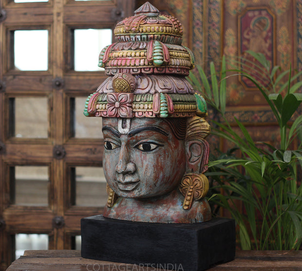 Handcrafted Wooden Lord Vishnu Head Sculpture – Vintage Antique Finish