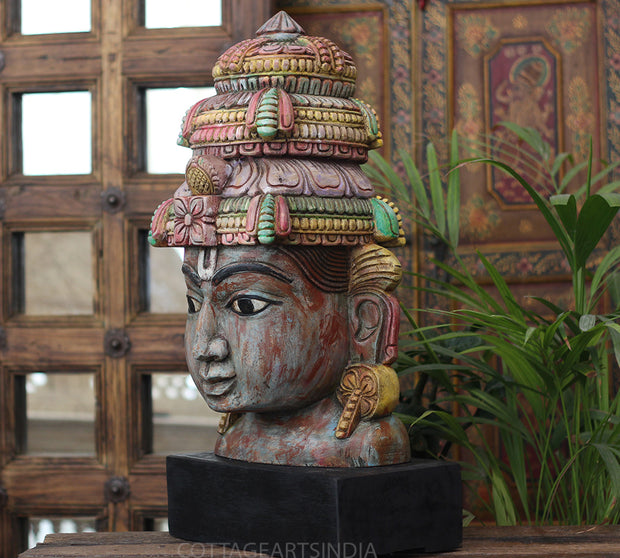 Handcrafted Wooden Lord Vishnu Head Sculpture – Vintage Antique Finish