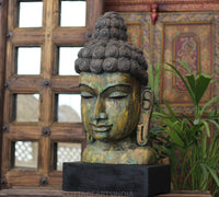 Handcrafted Wooden Buddha Head Sculpture – Vintage Antique Finish