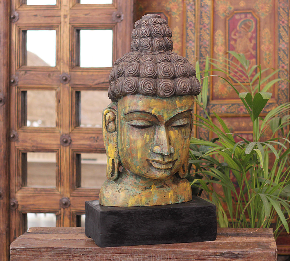 Handcrafted Wooden Buddha Head Sculpture – Vintage Antique Finish