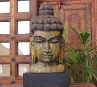 Handcrafted Wooden Buddha Head Sculpture – Vintage Antique Finish